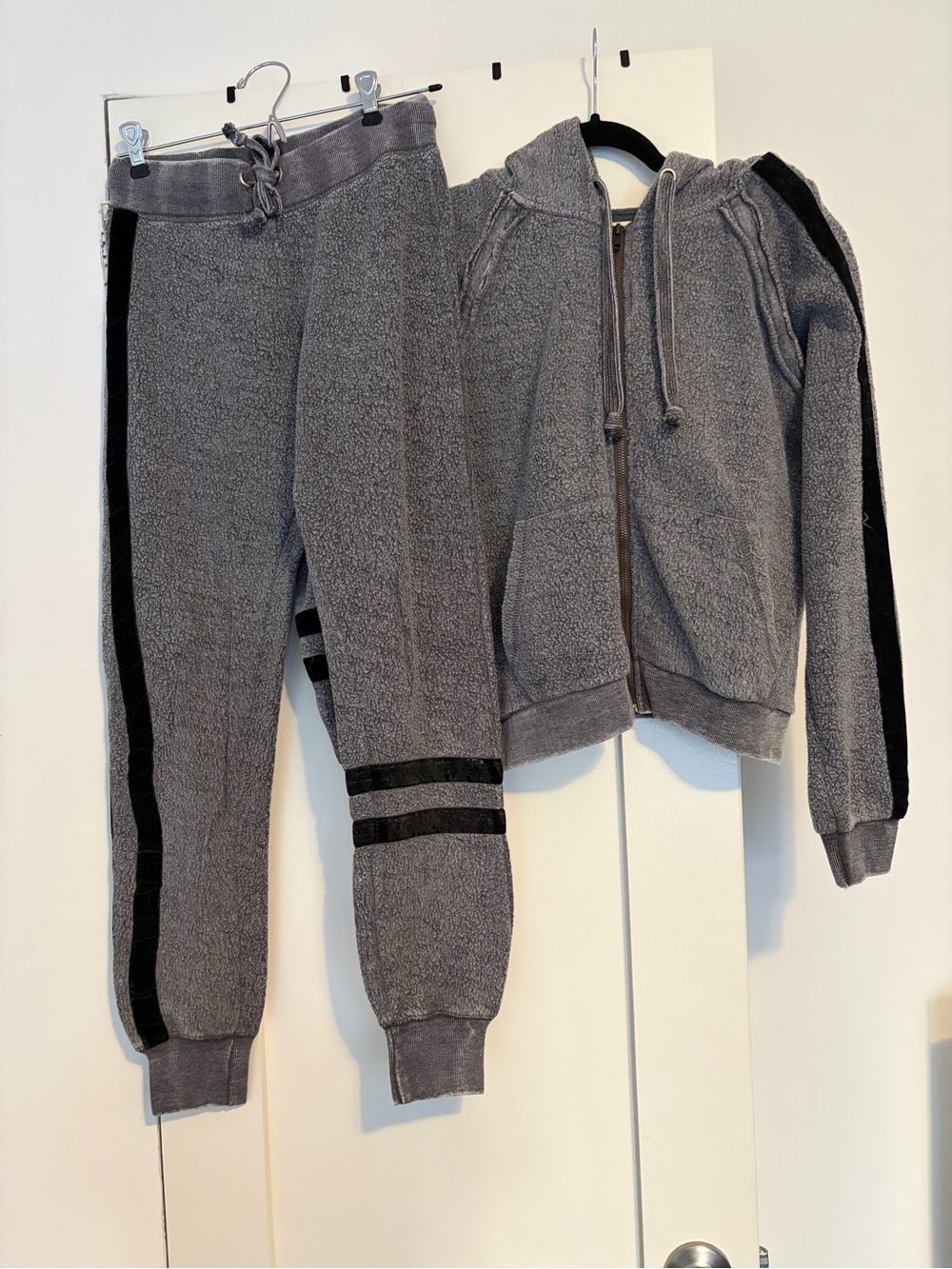 Vintage Havana Gray Sherpa Hoodie & Joggers with Black Stripes